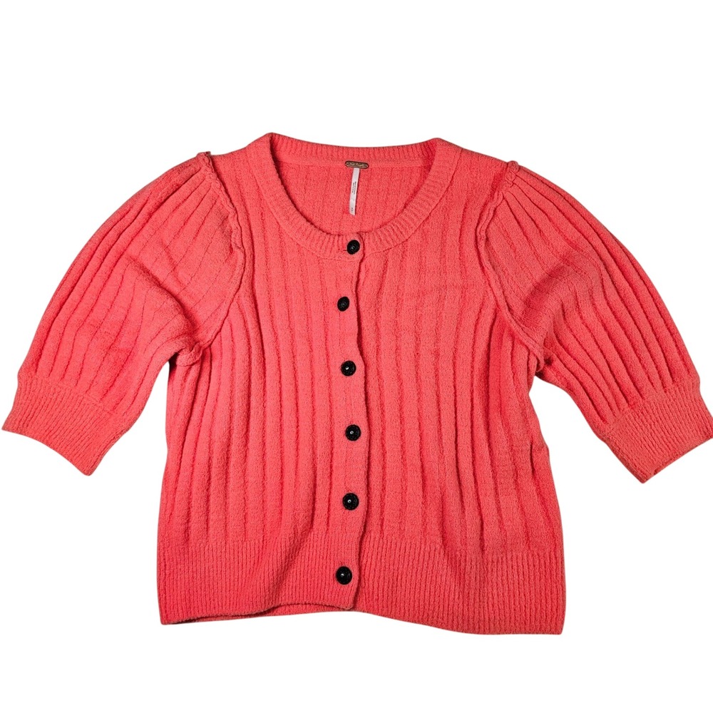 Free People Coral Pink Ribbed Knit Puff Sleeve Button Front Cardigan Sweater XS